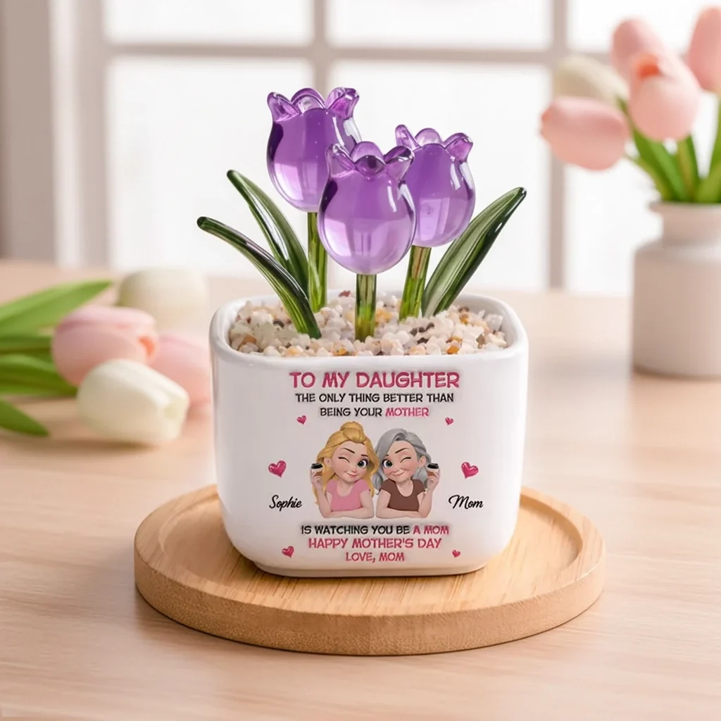 Personalized Square Glass Planter with Purple Tulips, Unique Creative Gift for Daughter From Mom