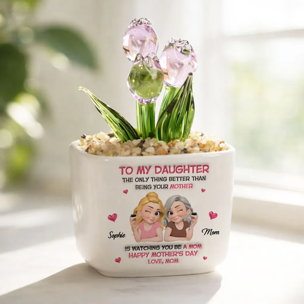 Personalized Square Glass Planter with Purple Tulips, Unique Creative Gift for Daughter From Mom - Image 3