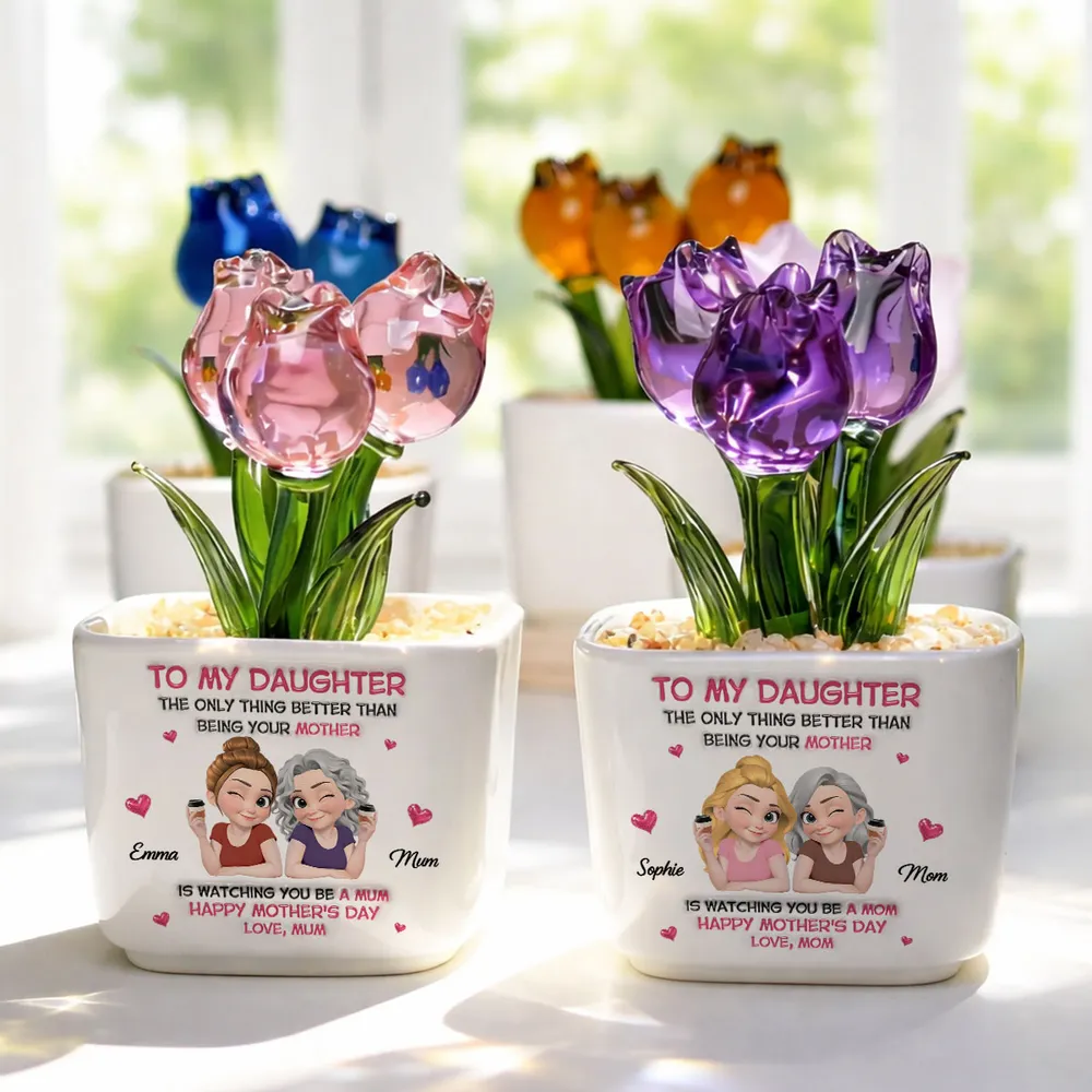 Personalized Square Glass Planter with Purple Tulips, Unique Creative Gift for Daughter From Mom - Image 5