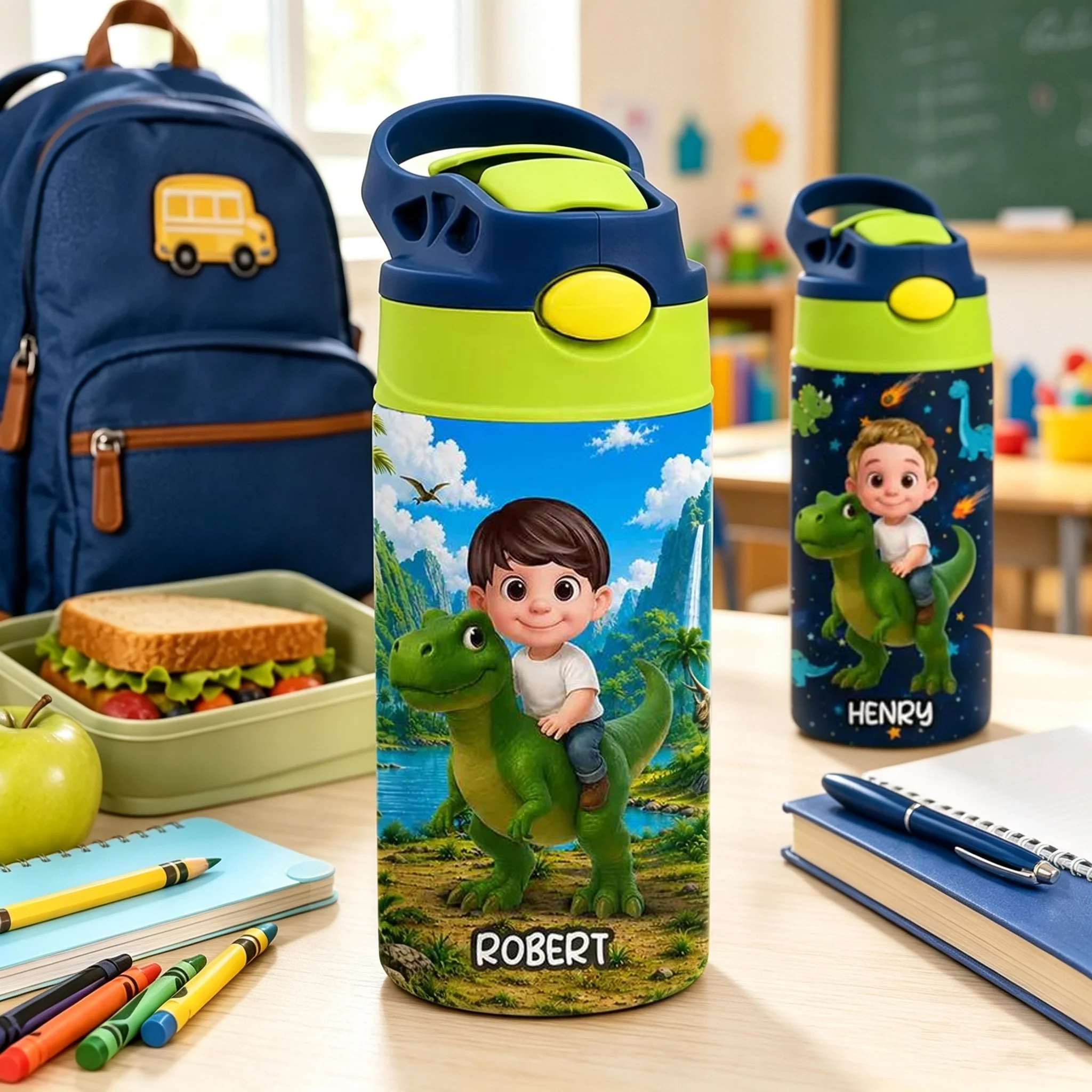 Personalized Kids Water Bottle, Cartoon Child Riding Dinosaur, Unique Creative Gift for Kids at School