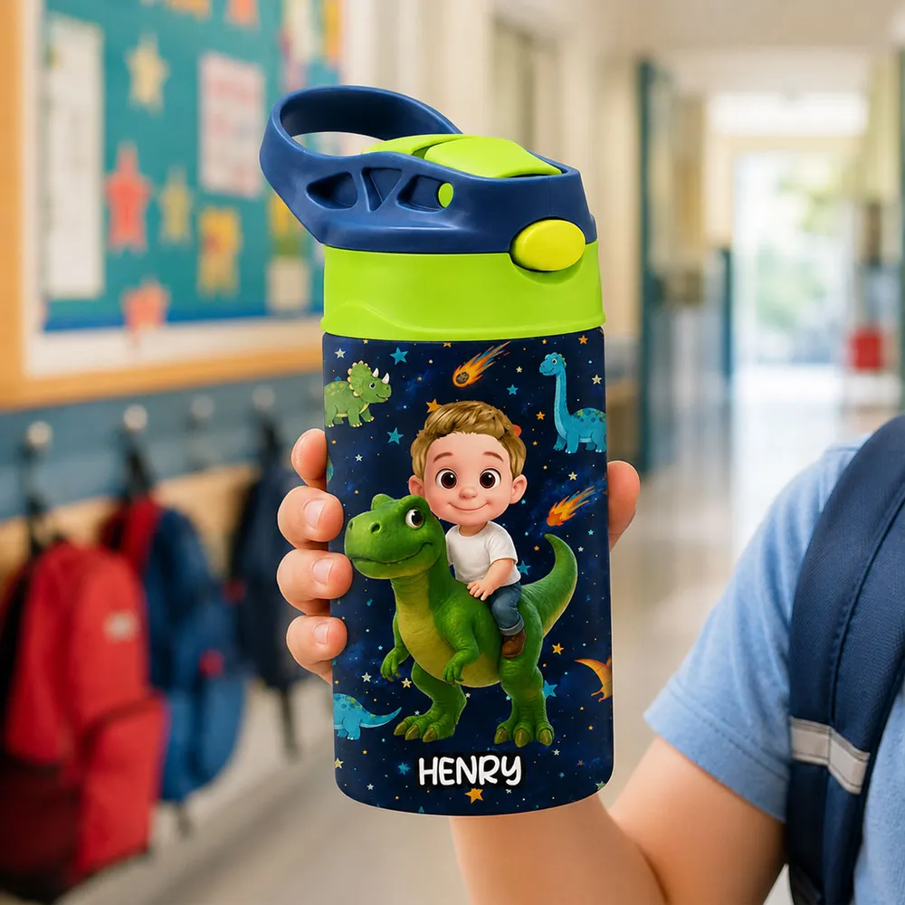 Personalized Kids Water Bottle, Cartoon Child Riding Dinosaur, Unique Creative Gift for Kids at School - Image 2
