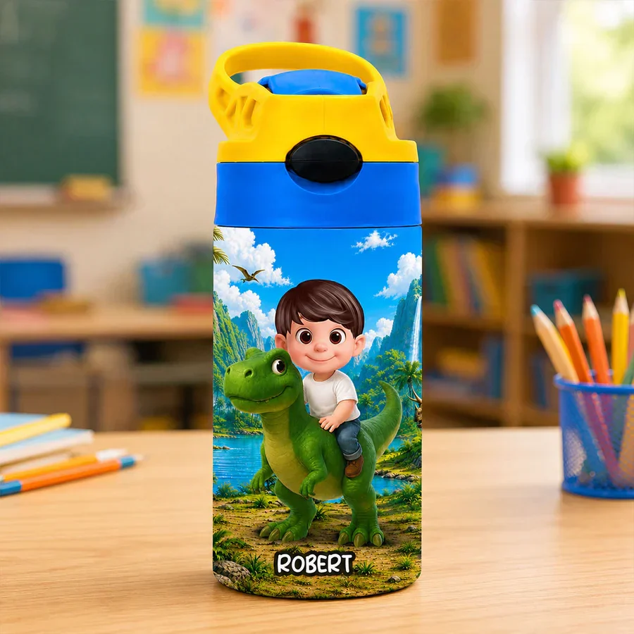 Personalized Kids Water Bottle, Cartoon Child Riding Dinosaur, Unique Creative Gift for Kids at School - Image 3