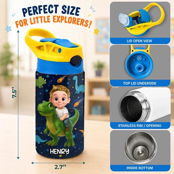 Personalized Kids Water Bottle, Cartoon Child Riding Dinosaur, Unique Creative Gift for Kids at School - Image 4
