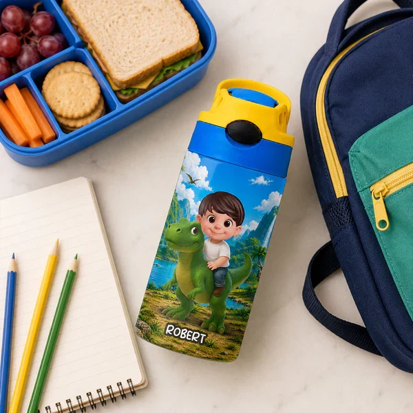 Personalized Kids Water Bottle, Cartoon Child Riding Dinosaur, Unique Creative Gift for Kids at School - Image 5