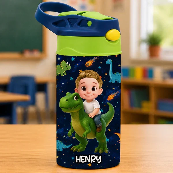 Personalized Kids Water Bottle, Cartoon Child Riding Dinosaur, Unique Creative Gift for Kids at School - Image 6