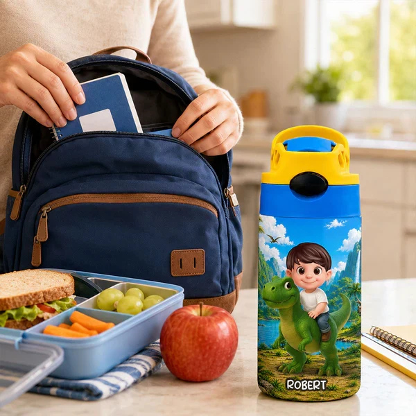 Personalized Kids Water Bottle, Cartoon Child Riding Dinosaur, Unique Creative Gift for Kids at School - Image 7