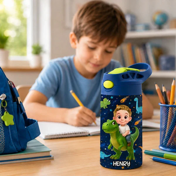 Personalized Kids Water Bottle, Cartoon Child Riding Dinosaur, Unique Creative Gift for Kids at School - Image 8