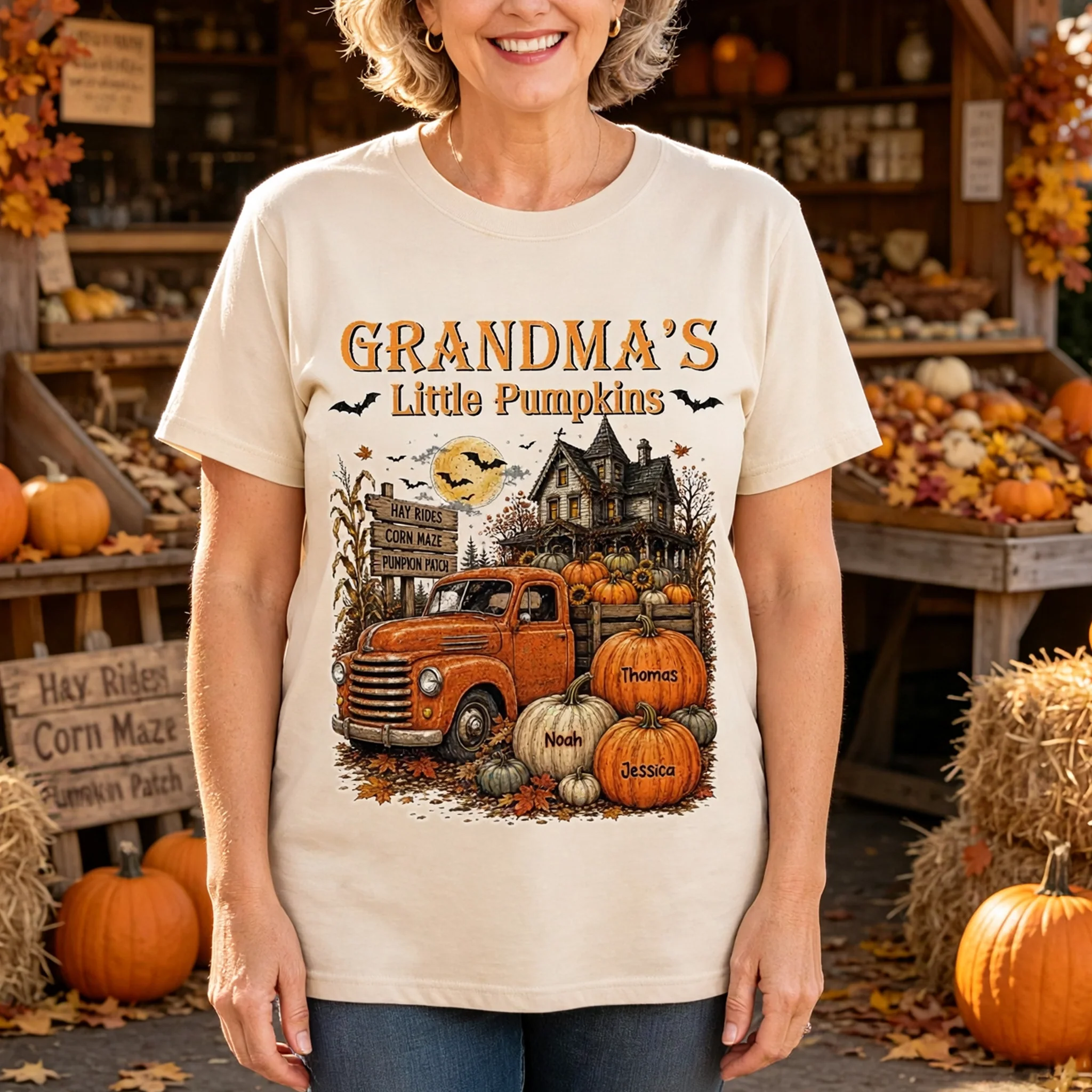 Personalized Classic Tee, Grandma's Little Pumpkins Vintage Truck, Unique Halloween Gift For Grandma