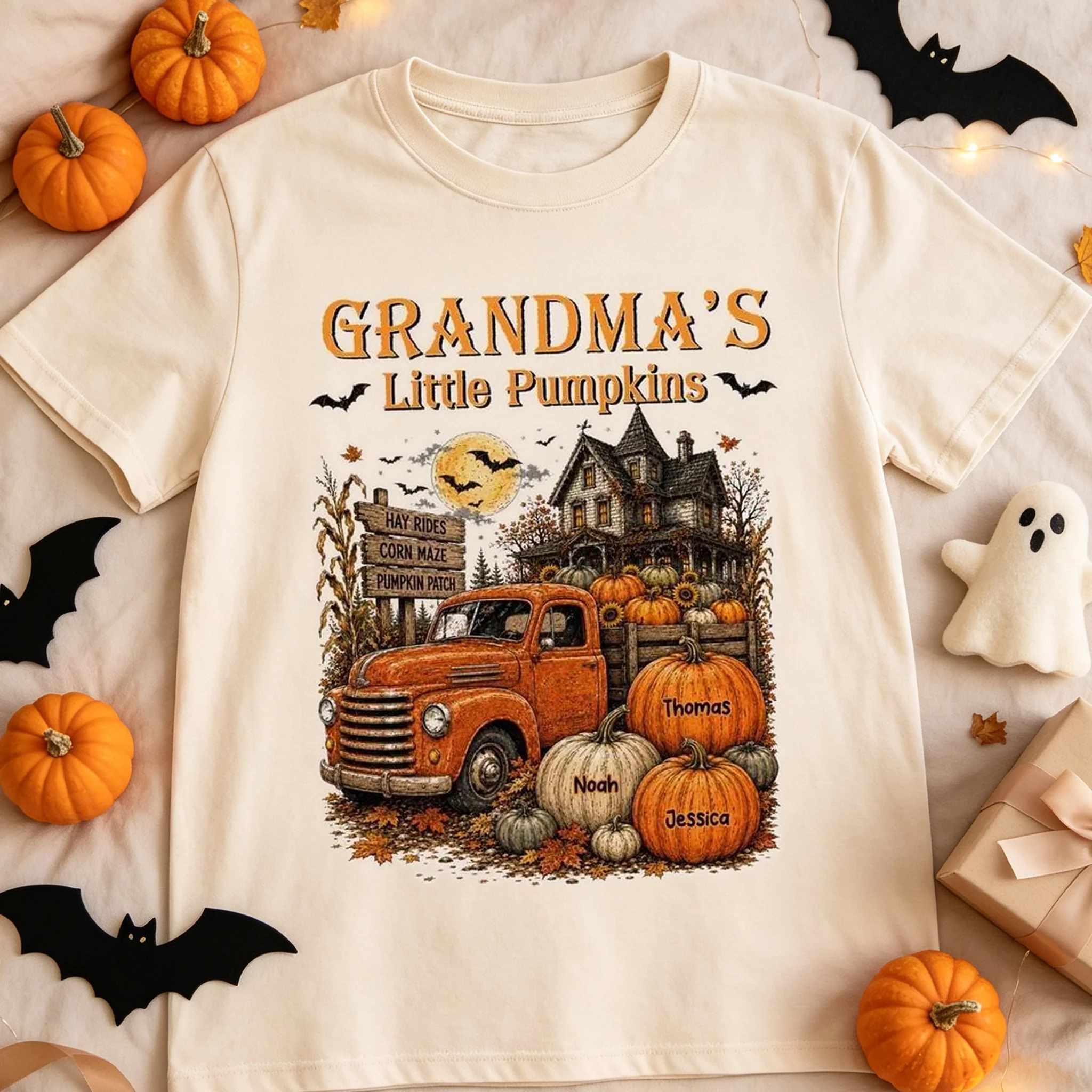 Personalized Classic Tee, Grandma's Little Pumpkins Vintage Truck, Unique Halloween Gift For Grandma - Image 2