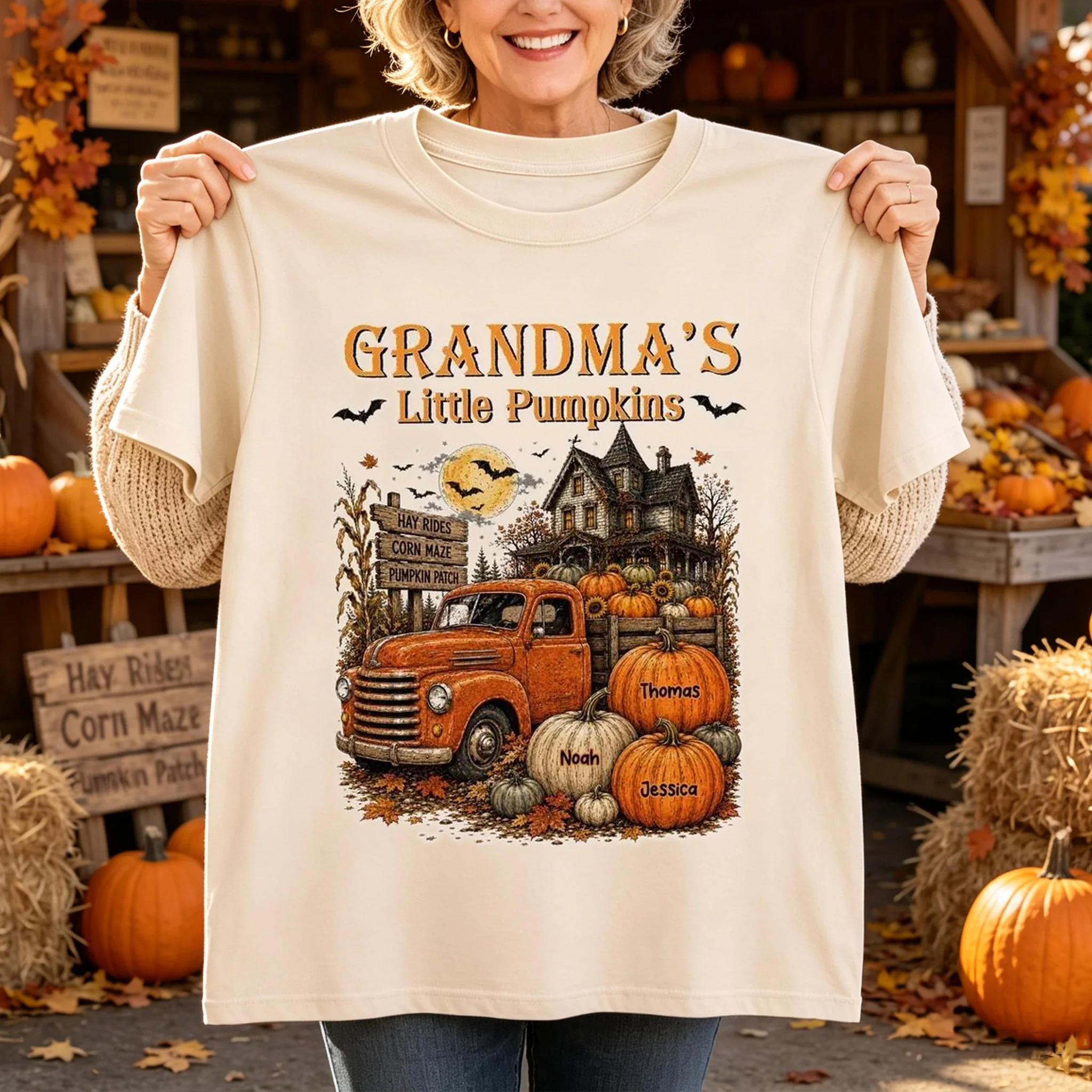 Personalized Classic Tee, Grandma's Little Pumpkins Vintage Truck, Unique Halloween Gift For Grandma - Image 3