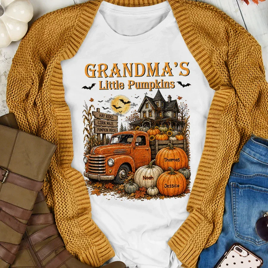 Personalized Classic Tee, Grandma's Little Pumpkins Vintage Truck, Unique Halloween Gift For Grandma - Image 4