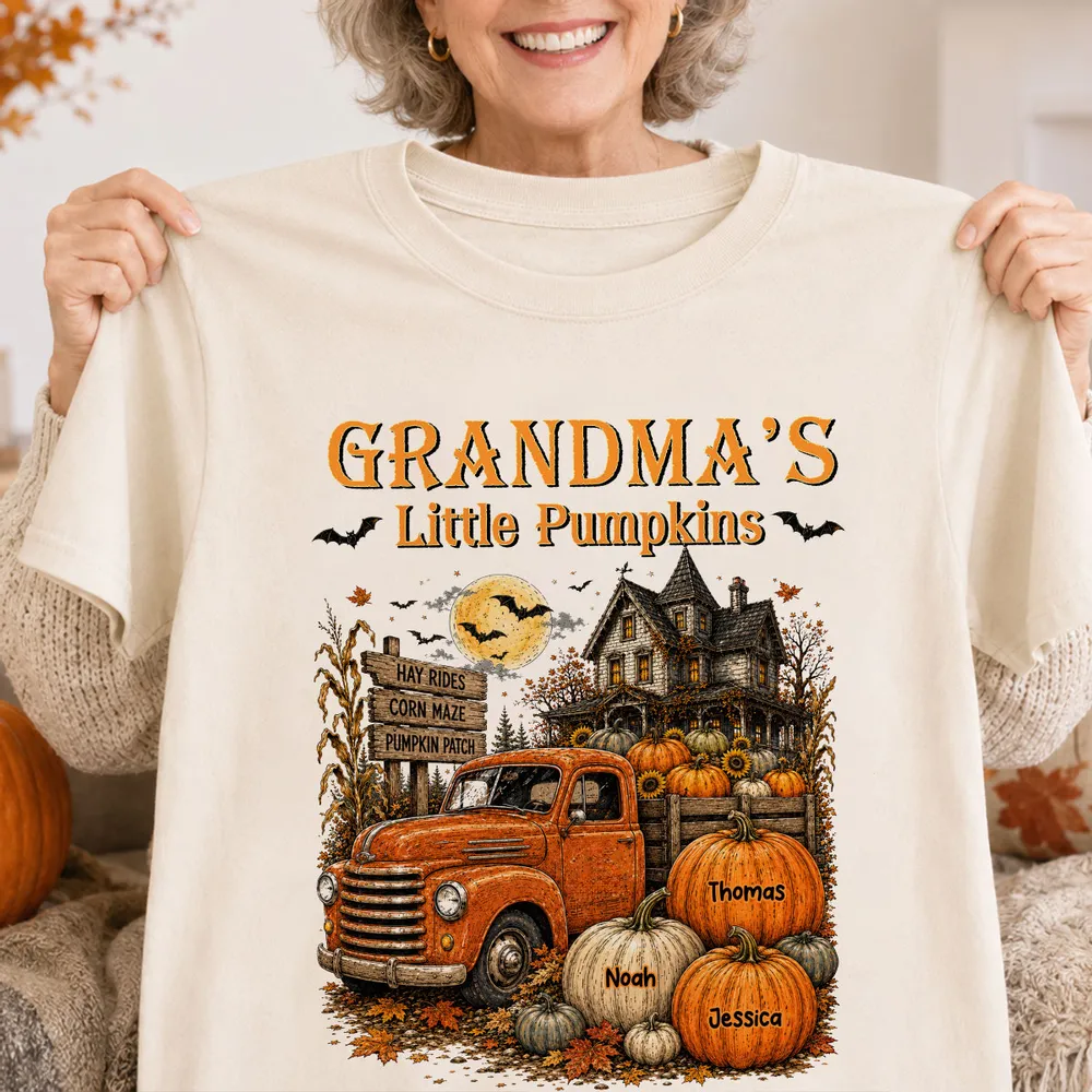 Personalized Classic Tee, Grandma's Little Pumpkins Vintage Truck, Unique Halloween Gift For Grandma - Image 5