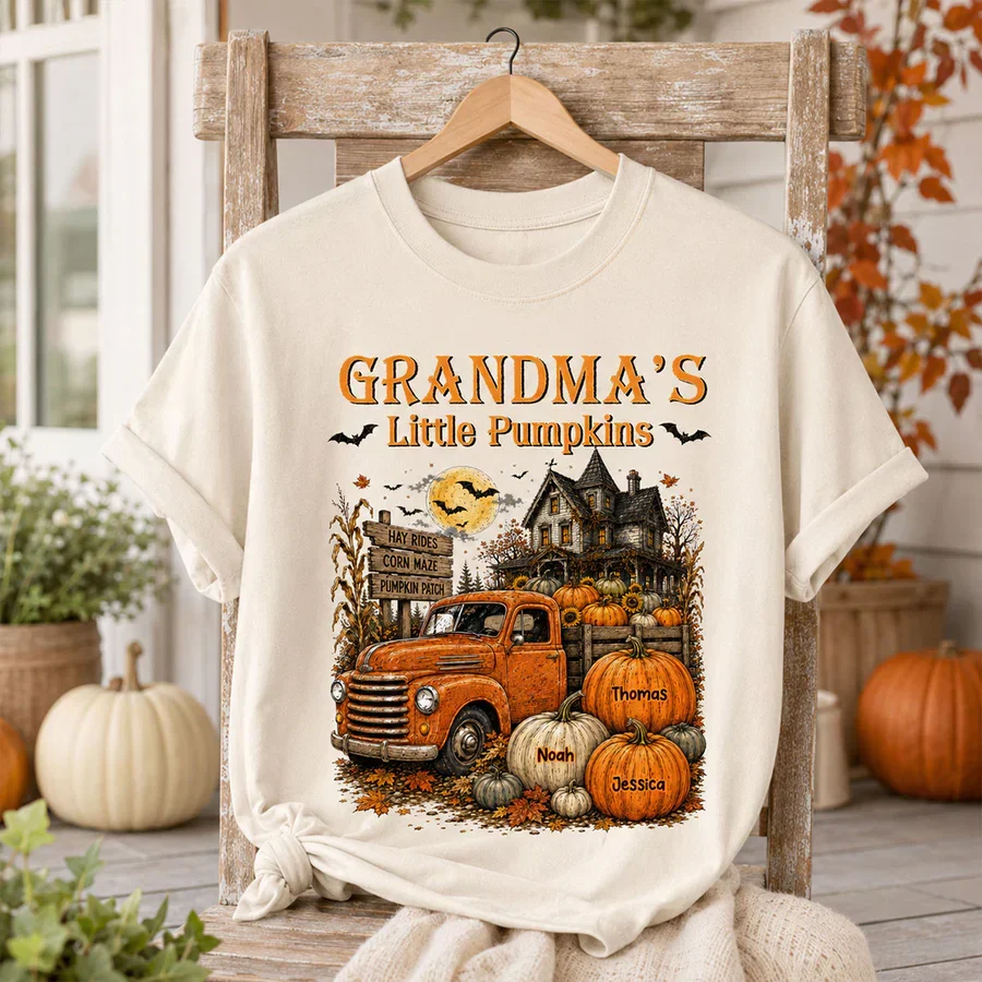 Personalized Classic Tee, Grandma's Little Pumpkins Vintage Truck, Unique Halloween Gift For Grandma - Image 6