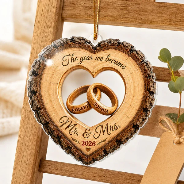 Personalized Acrylic Ornament, Heart Ring Wedding Keepsake, Unique Gift for Couple, Mr. & Mrs Holiday Decor - Image 3