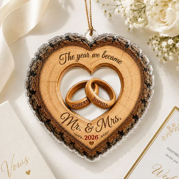 Personalized Acrylic Ornament, Heart Ring Wedding Keepsake, Unique Gift for Couple, Mr. & Mrs Holiday Decor - Image 5