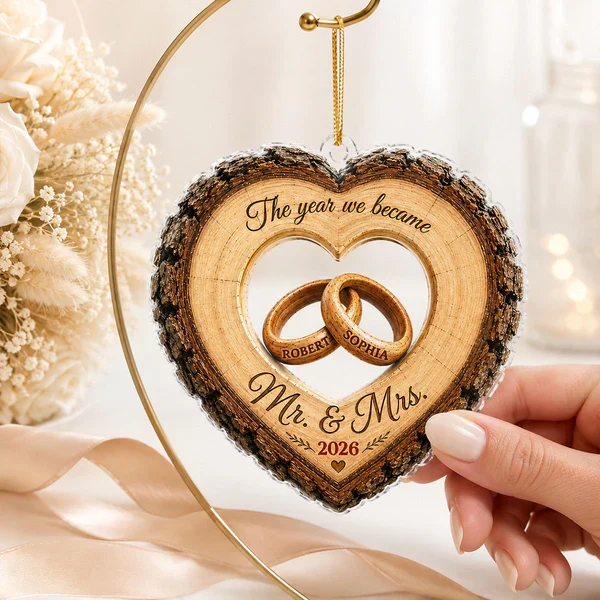 Personalized Acrylic Ornament, Heart Ring Wedding Keepsake, Unique Gift for Couple, Mr. & Mrs Holiday Decor - Image 7