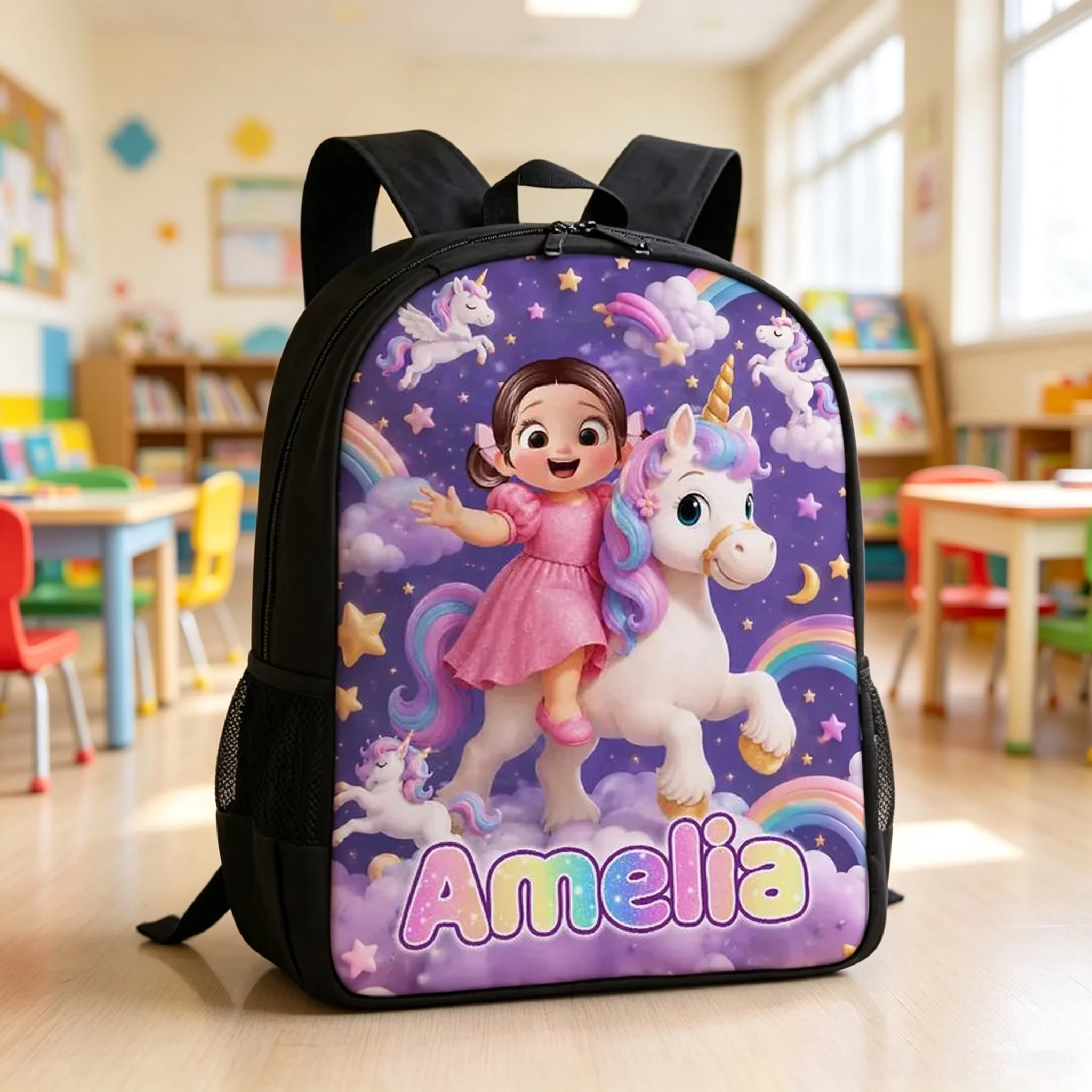 Personalized Kids School Backpack, Girl Riding Unicorn Design, Unique Back to School Gift for Daughter