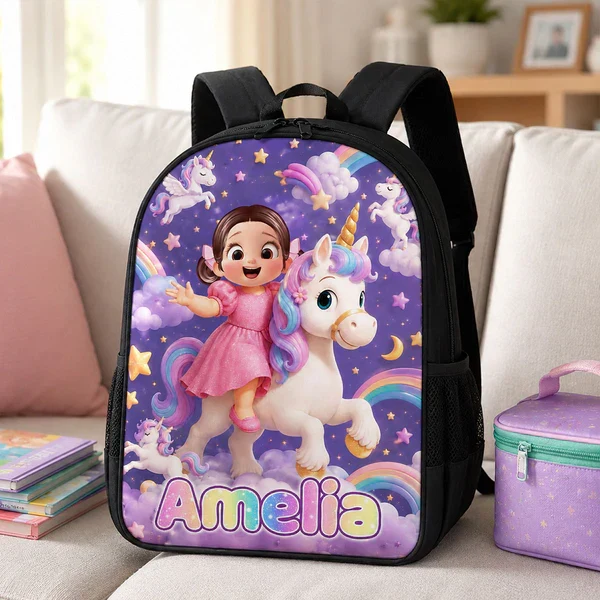 Personalized Kids School Backpack, Girl Riding Unicorn Design, Unique Back to School Gift for Daughter - Image 2