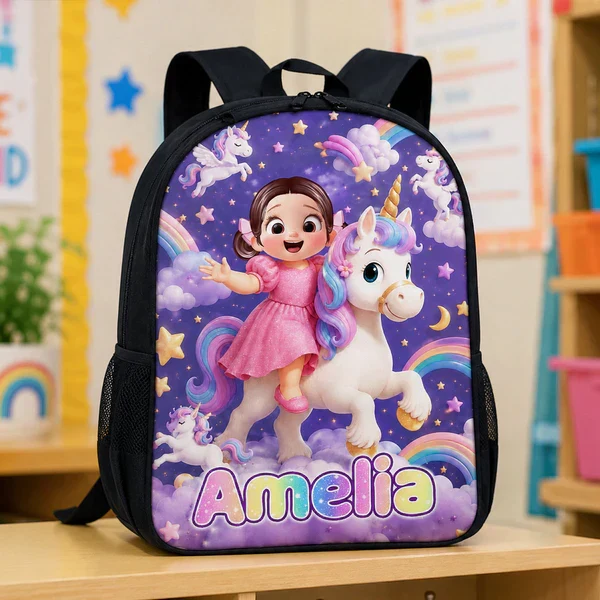 Personalized Kids School Backpack, Girl Riding Unicorn Design, Unique Back to School Gift for Daughter - Image 4