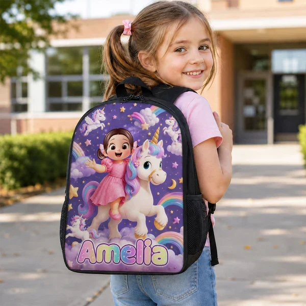 Personalized Kids School Backpack, Girl Riding Unicorn Design, Unique Back to School Gift for Daughter - Image 5