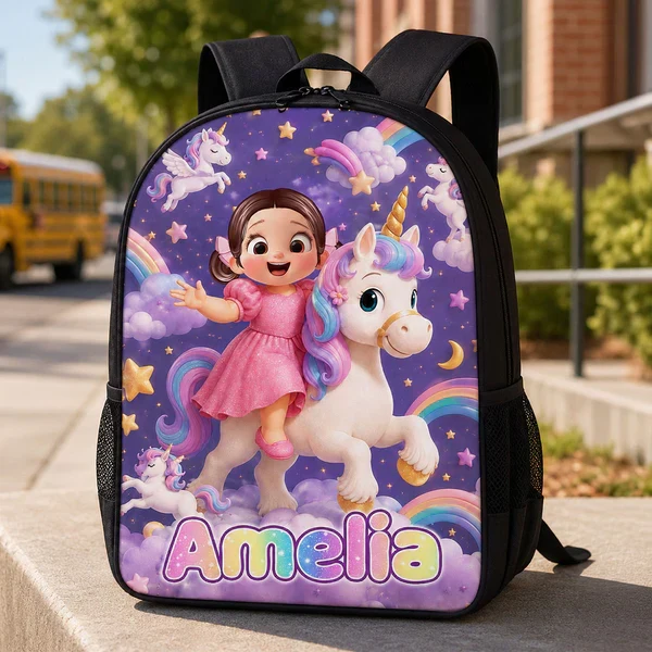 Personalized Kids School Backpack, Girl Riding Unicorn Design, Unique Back to School Gift for Daughter - Image 6