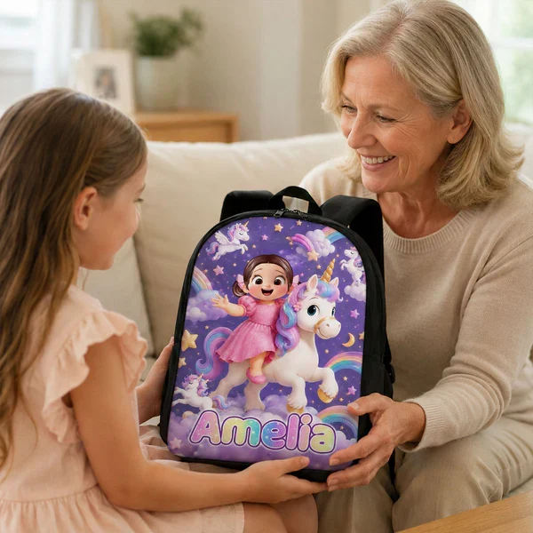 Personalized Kids School Backpack, Girl Riding Unicorn Design, Unique Back to School Gift for Daughter - Image 7