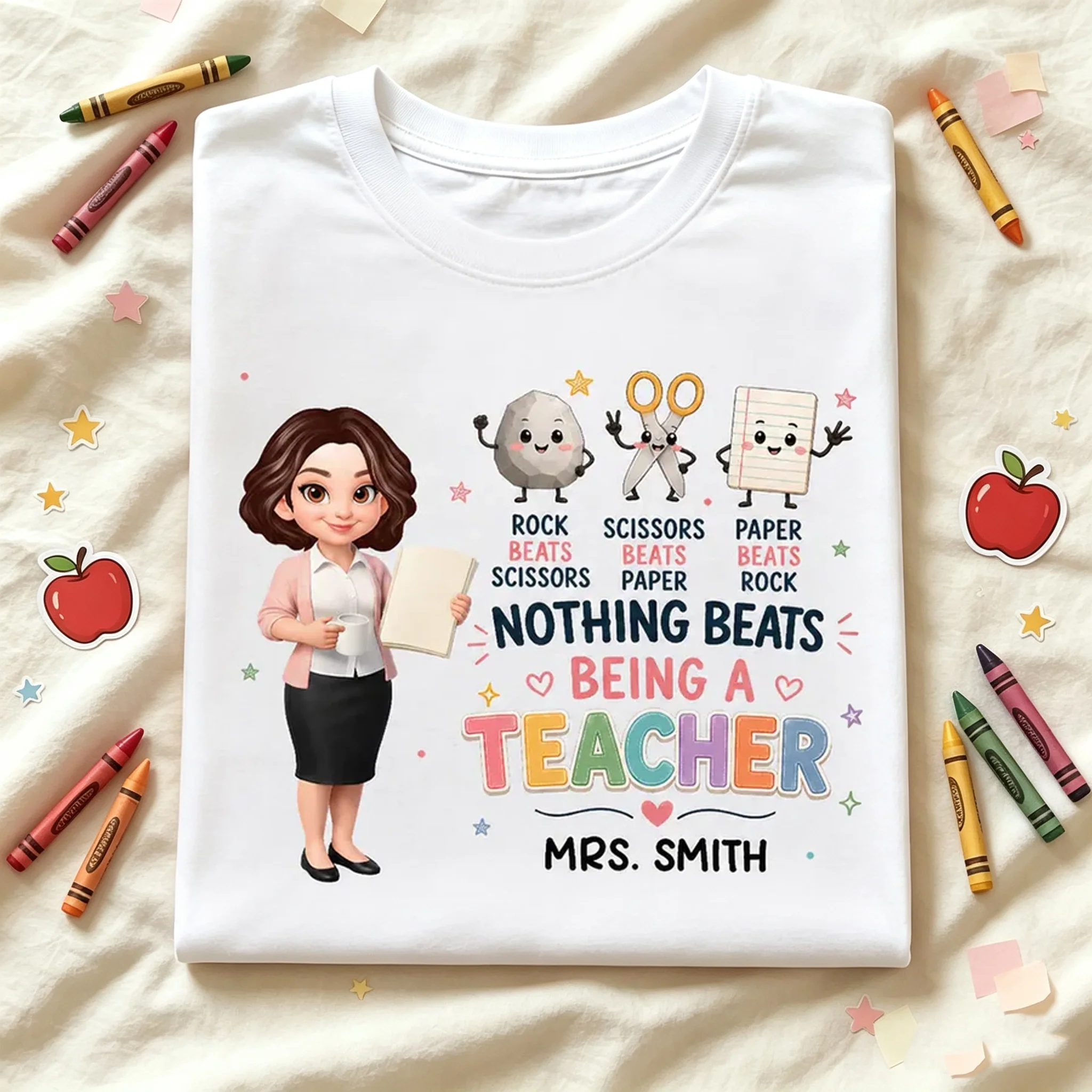 Personalized Classic Tee with Standing Teacher & Rock Paper Scissors Art, Unique Gift for Teachers