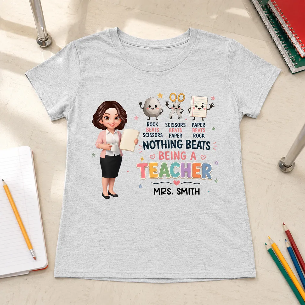 Personalized Classic Tee with Standing Teacher & Rock Paper Scissors Art, Unique Gift for Teachers - Image 2