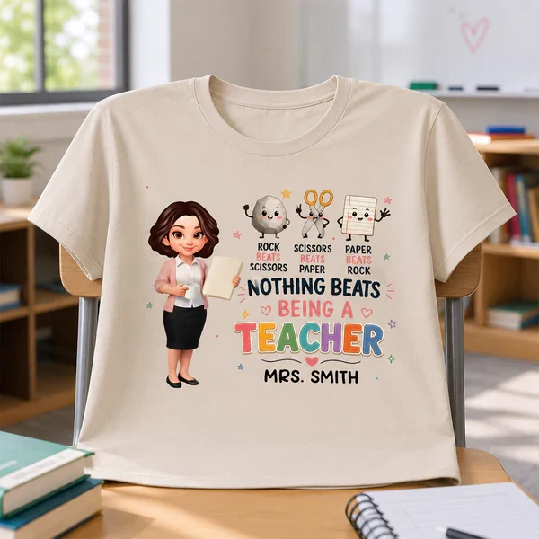 Personalized Classic Tee with Standing Teacher & Rock Paper Scissors Art, Unique Gift for Teachers - Image 3