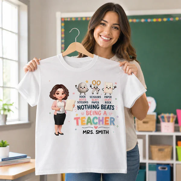 Personalized Classic Tee with Standing Teacher & Rock Paper Scissors Art, Unique Gift for Teachers - Image 4