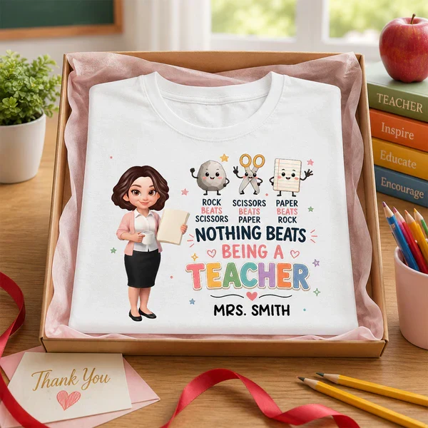 Personalized Classic Tee with Standing Teacher & Rock Paper Scissors Art, Unique Gift for Teachers - Image 5