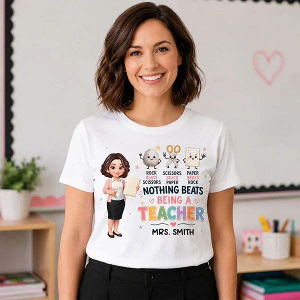 Personalized Classic Tee with Standing Teacher & Rock Paper Scissors Art, Unique Gift for Teachers - Image 6