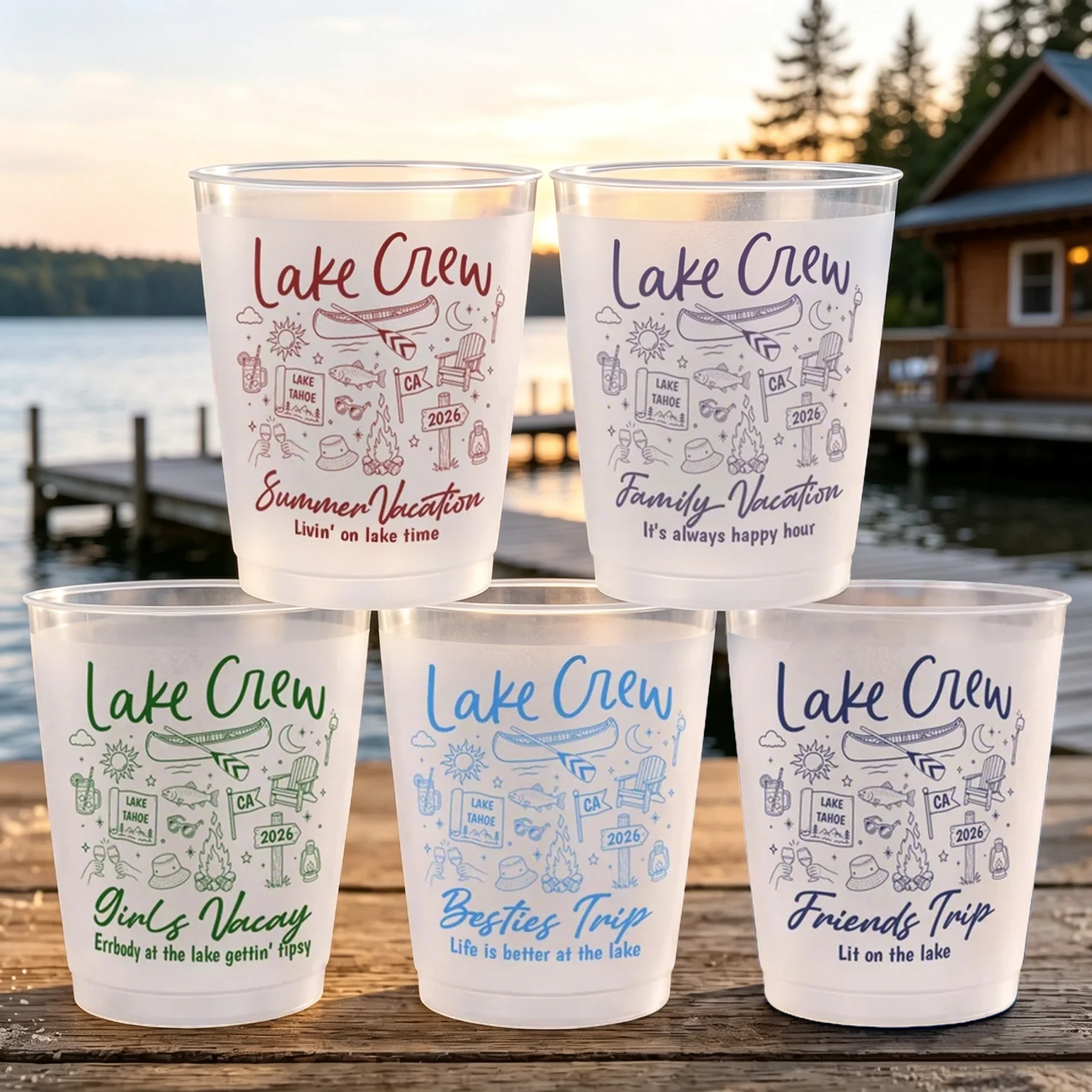 Personalized Frosted Plastic Cup, Lake Crew Art for Sunlit Lake Party, unique Gift for Friends & Family