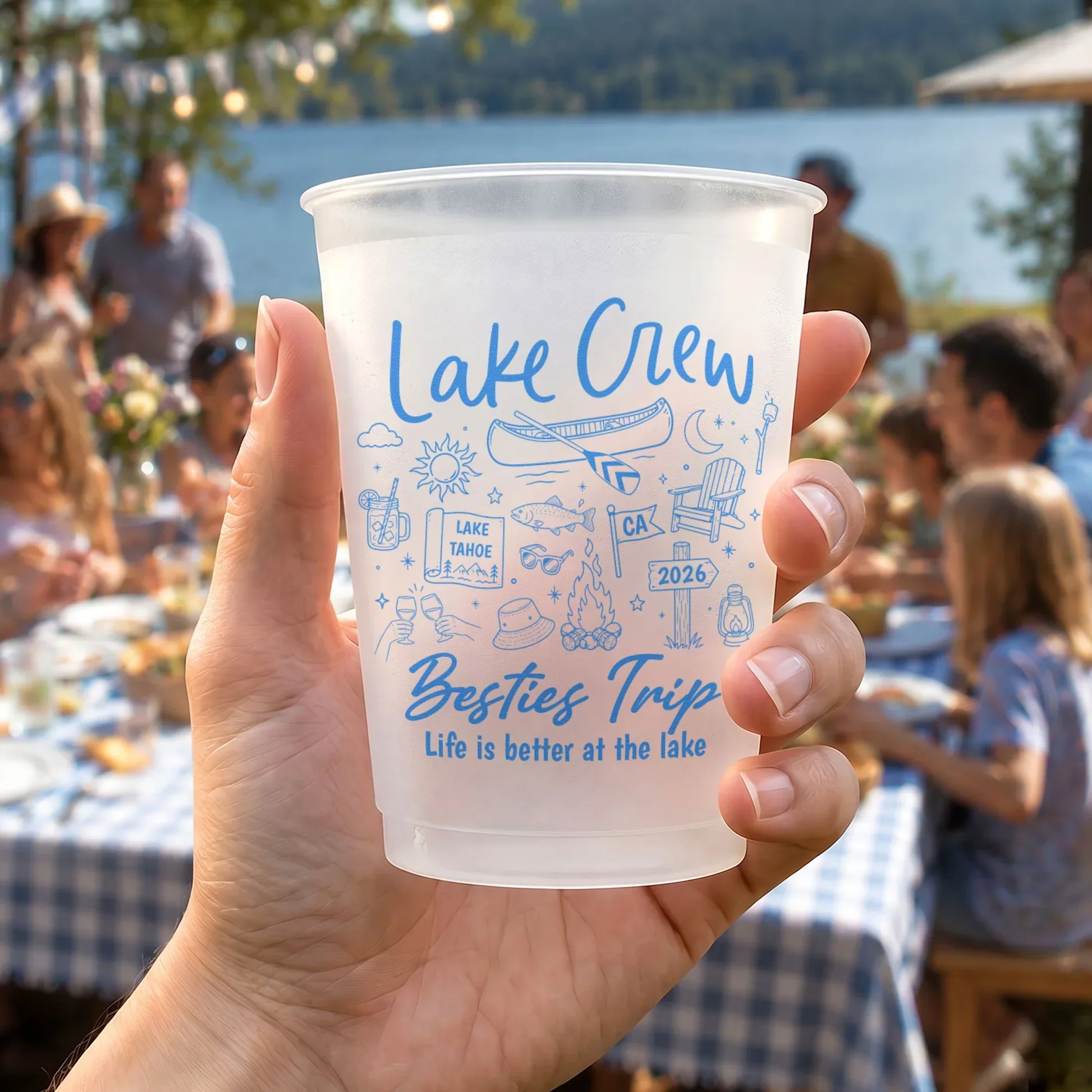 Personalized Frosted Plastic Cup, Lake Crew Art for Sunlit Lake Party, unique Gift for Friends & Family - Image 2