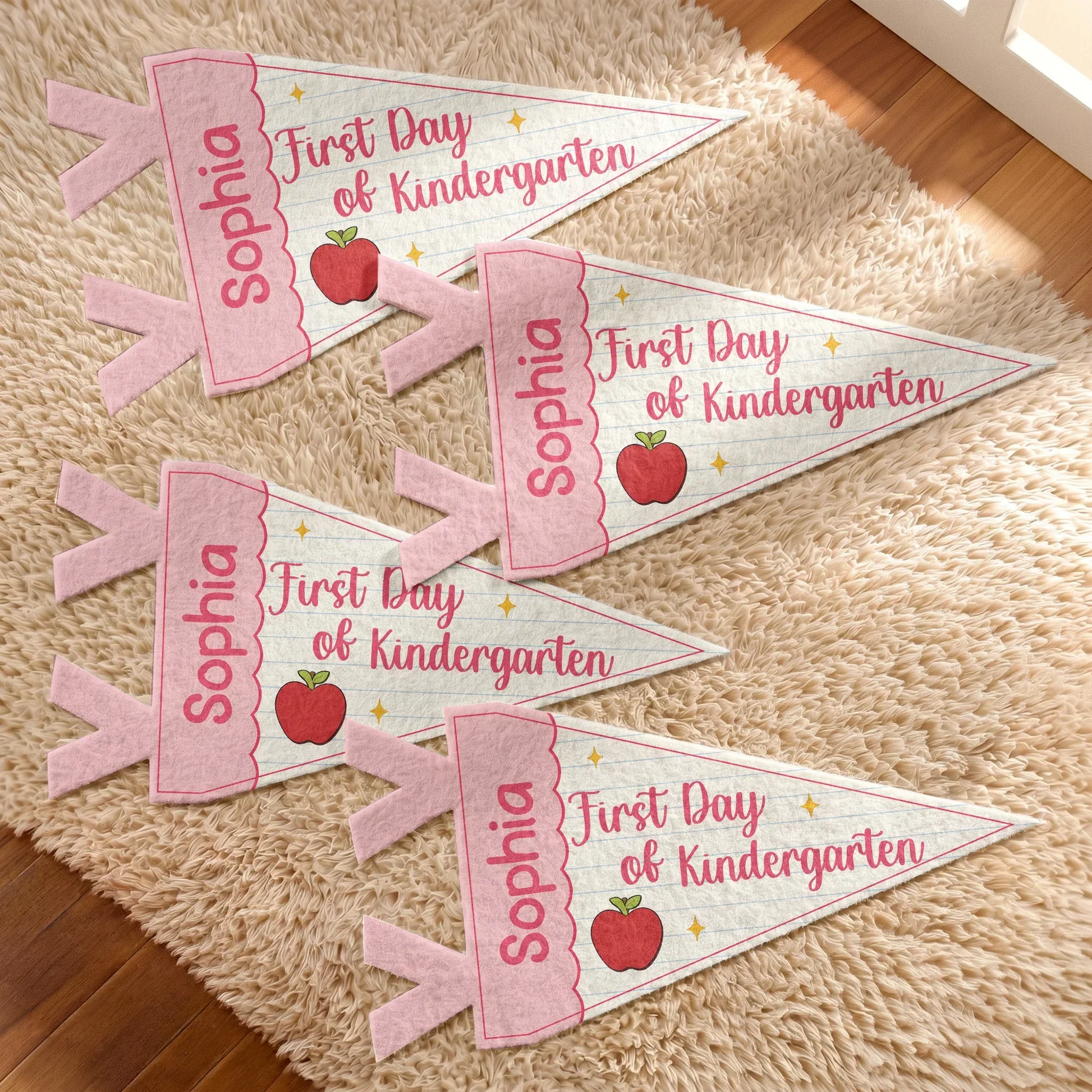 Custom Felt Pennant with First Day of Kindergarten, Pink Apple Lined Paper Unique Creative Gift