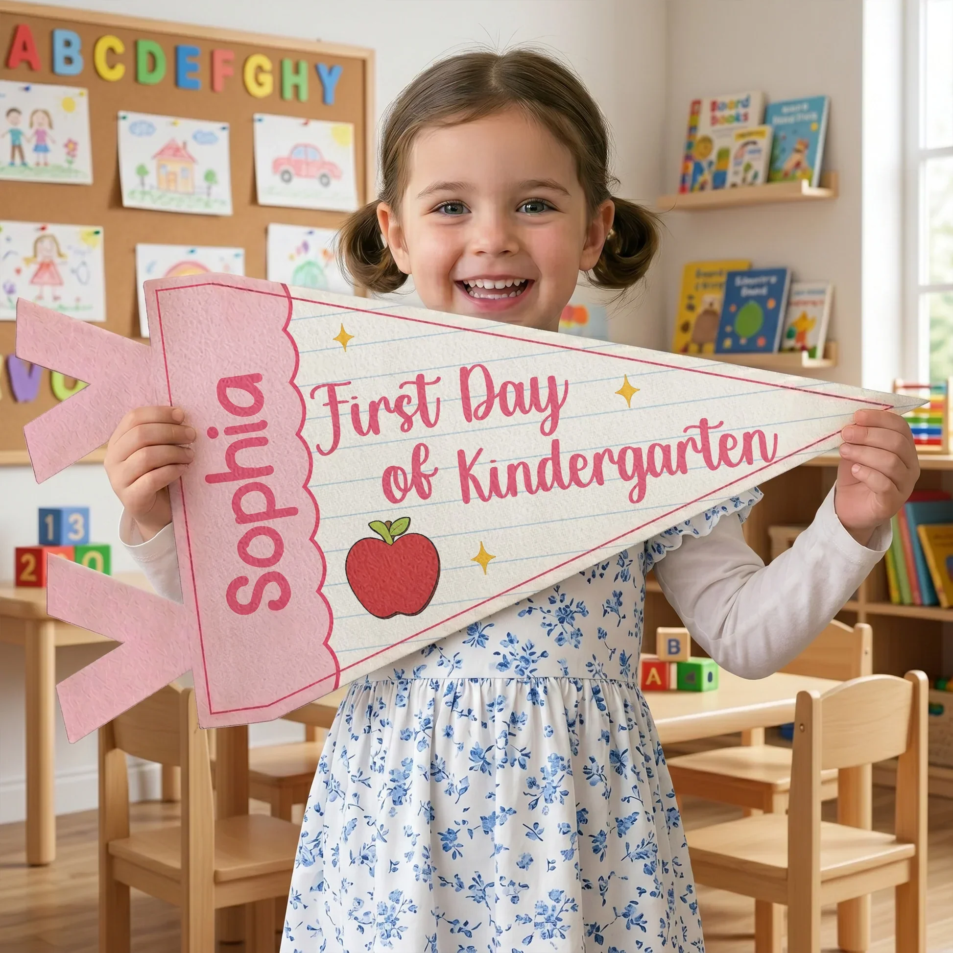 Custom Felt Pennant with First Day of Kindergarten, Pink Apple Lined Paper Unique Creative Gift - Image 3