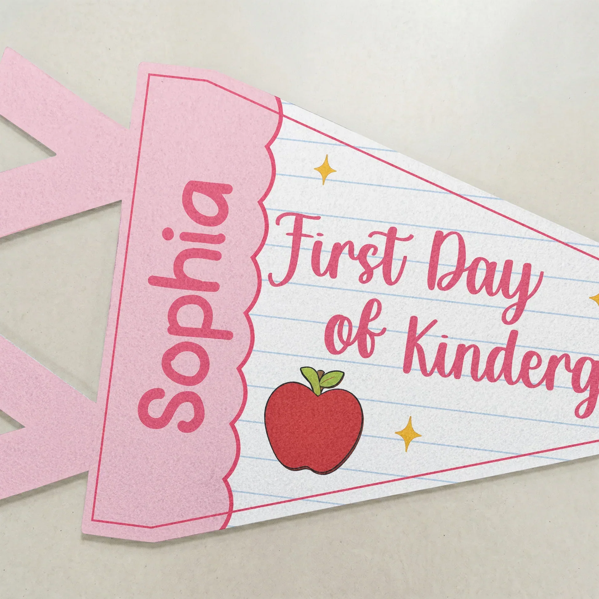 Custom Felt Pennant with First Day of Kindergarten, Pink Apple Lined Paper Unique Creative Gift - Image 5
