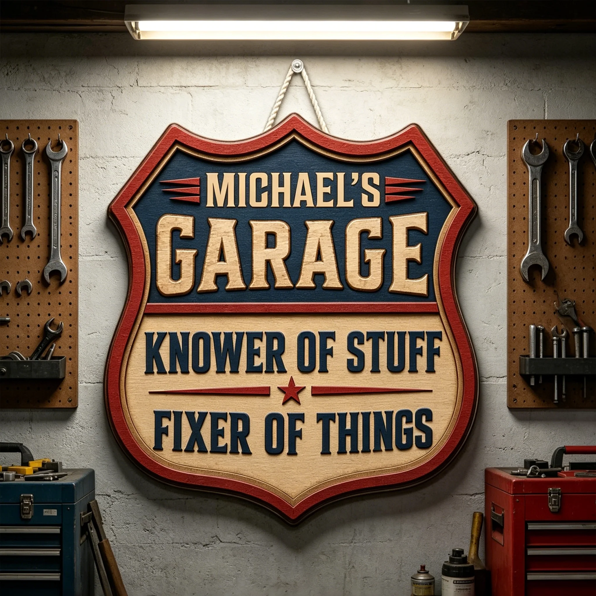 Personalized Wooden Sign for Garage, Knower of Stuff Fixer of Things, Unique Gift for Dad