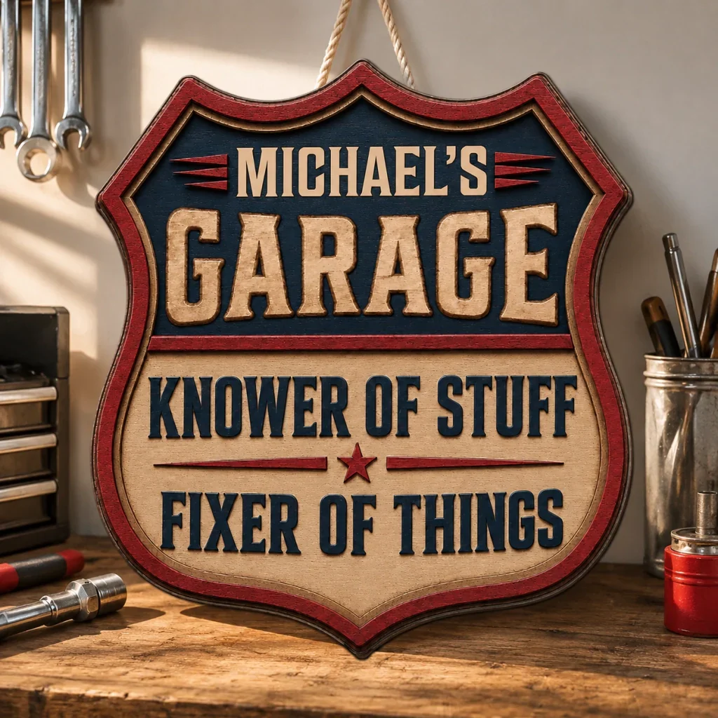 Personalized Wooden Sign for Garage, Knower of Stuff Fixer of Things, Unique Gift for Dad - Image 2