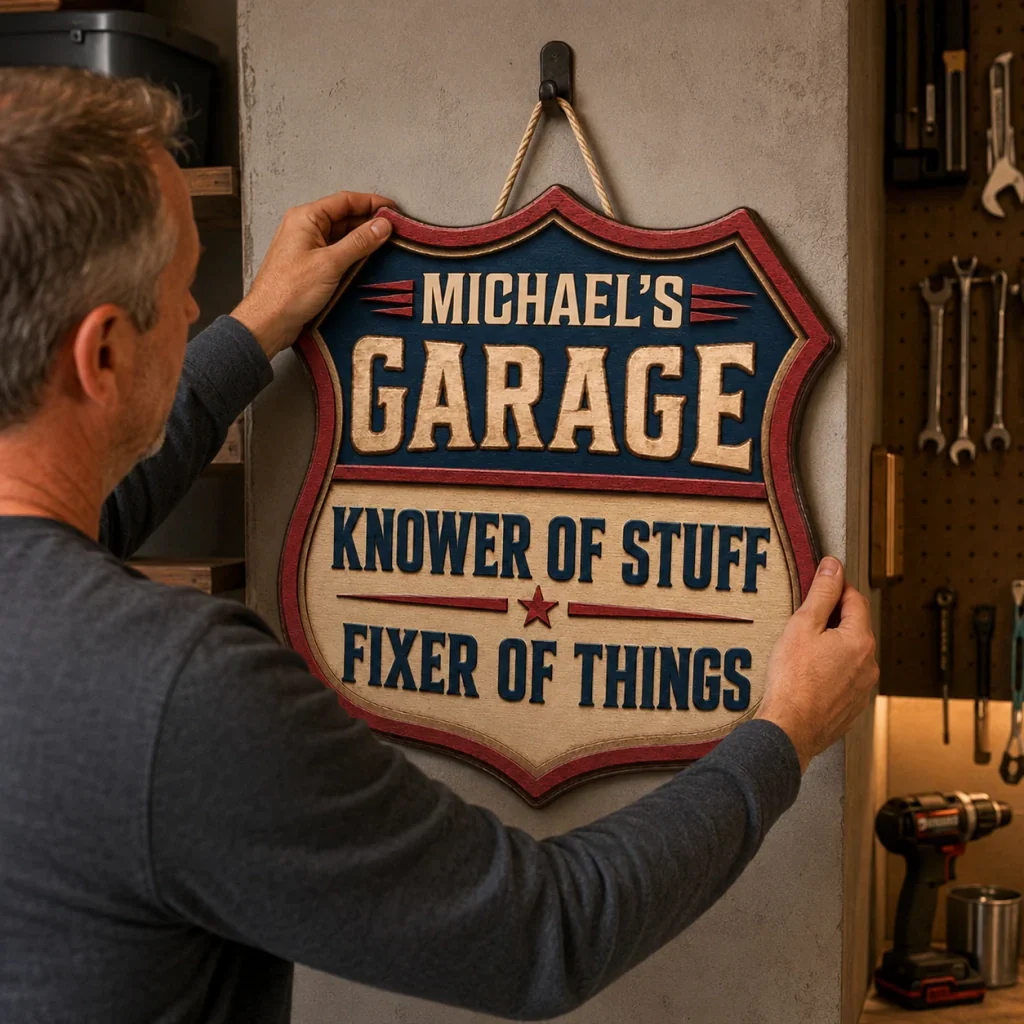 Personalized Wooden Sign for Garage, Knower of Stuff Fixer of Things, Unique Gift for Dad - Image 6