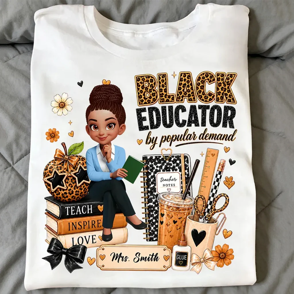 Personalized Black Educator Classic Tee, Cute Teacher Illustration, Unique Back to School Gift