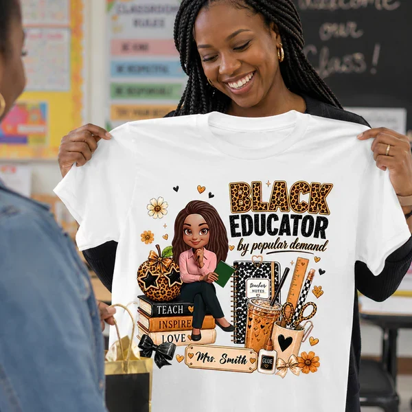 Personalized Black Educator Classic Tee, Cute Teacher Illustration, Unique Back to School Gift - Image 3