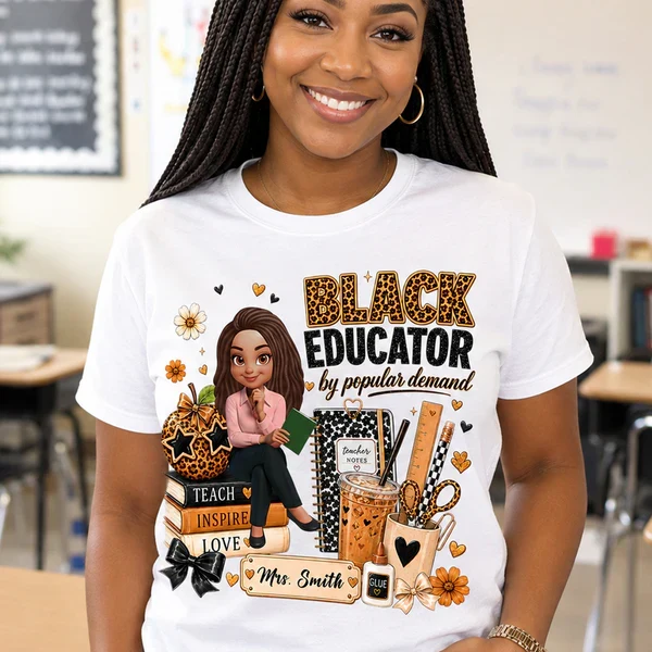 Personalized Black Educator Classic Tee, Cute Teacher Illustration, Unique Back to School Gift - Image 4