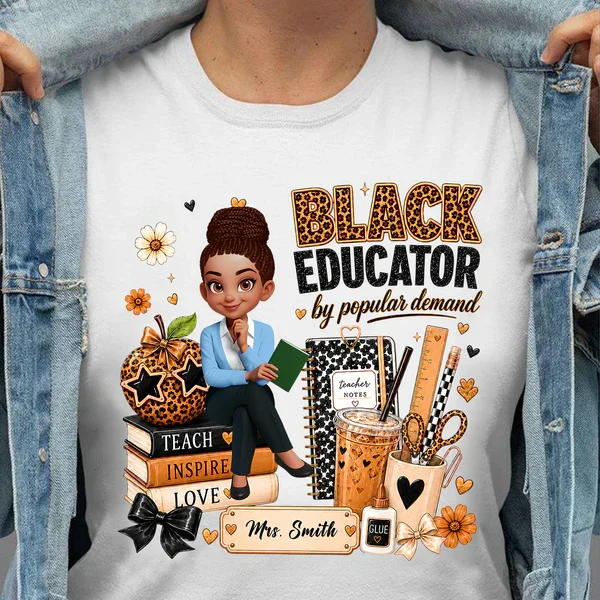 Personalized Black Educator Classic Tee, Cute Teacher Illustration, Unique Back to School Gift - Image 5