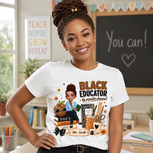 Personalized Black Educator Classic Tee, Cute Teacher Illustration, Unique Back to School Gift - Image 6