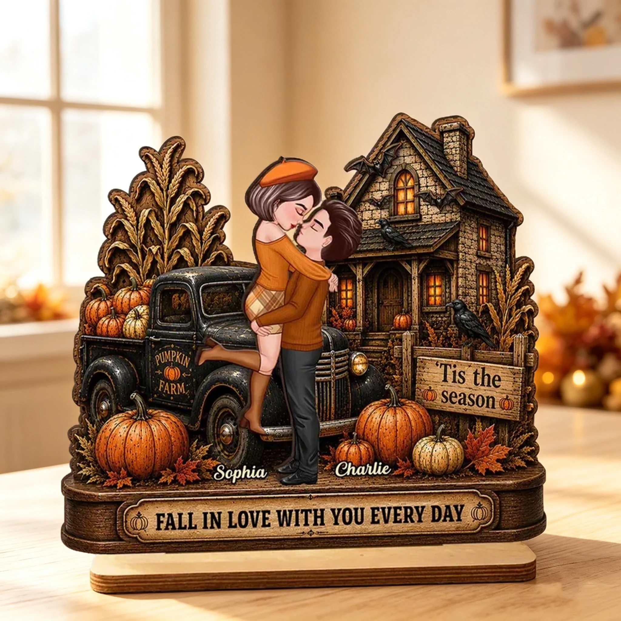 Personalized 2-Layer Wooden Plaque, Fall Couple Hugging at Haunted House, Unique Gift for Couple