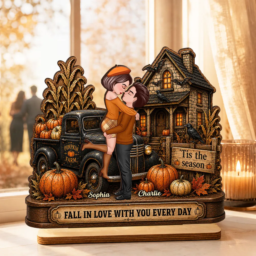 Personalized 2-Layer Wooden Plaque, Fall Couple Hugging at Haunted House, Unique Gift for Couple - Image 2