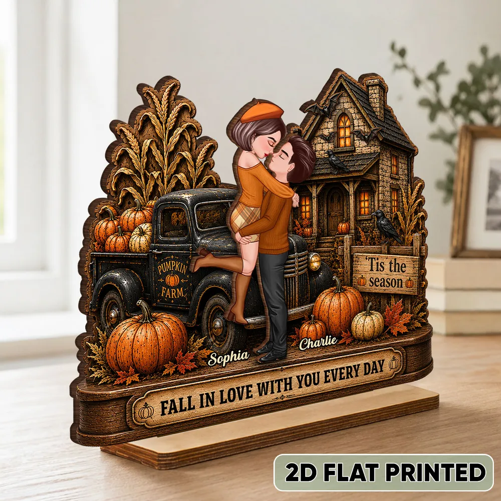Personalized 2-Layer Wooden Plaque, Fall Couple Hugging at Haunted House, Unique Gift for Couple - Image 3