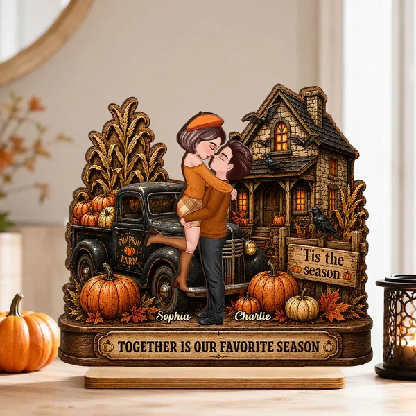 Personalized 2-Layer Wooden Plaque, Fall Couple Hugging at Haunted House, Unique Gift for Couple - Image 5