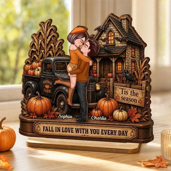 Personalized 2-Layer Wooden Plaque, Fall Couple Hugging at Haunted House, Unique Gift for Couple - Image 6